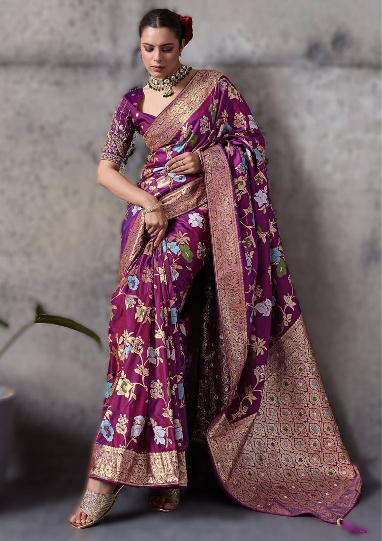 Magenta high density banarasi silk saree with architectural designer blouse