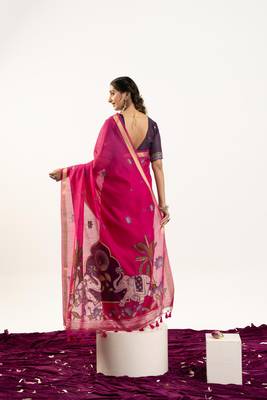 Pink premium muga cotton saree with rajwadi weaving lotus buttis & contrast blouse 2