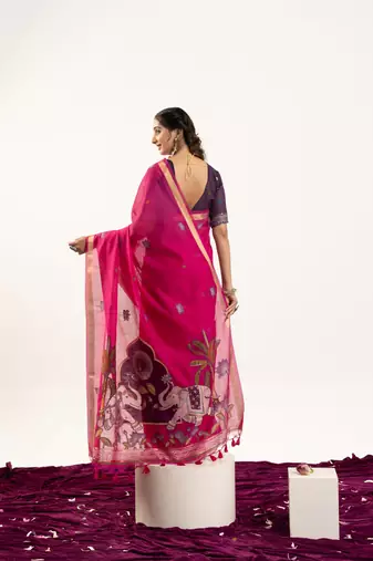 Pink premium muga cotton saree with rajwadi weaving lotus buttis & contrast blouse