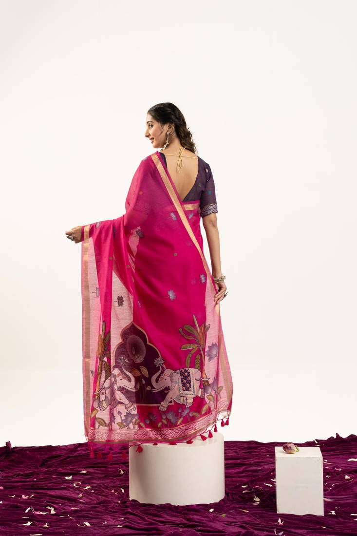 Pink premium muga cotton saree with rajwadi weaving, lotus buttis & contrast blouse