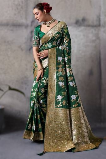 Green high density banarasi silk saree with architectural designer blouse