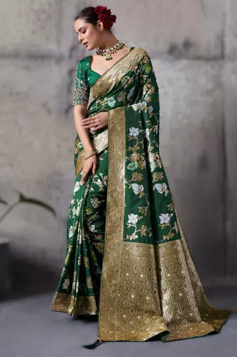 Green high density banarasi silk saree with architectural designer blouse