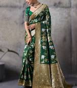 Green high density banarasi silk saree with architectural designer blouse