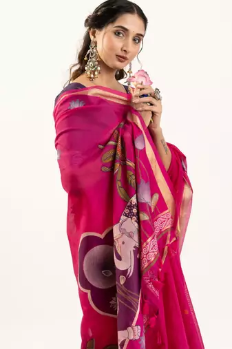 Pink premium muga cotton saree with rajwadi weaving lotus buttis & contrast blouse