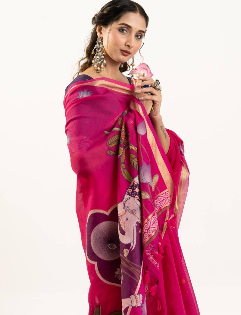 Pink premium muga cotton saree with rajwadi weaving, lotus buttis & contrast blouse