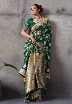 Green high density banarasi silk blend saree with architectural blouse 2