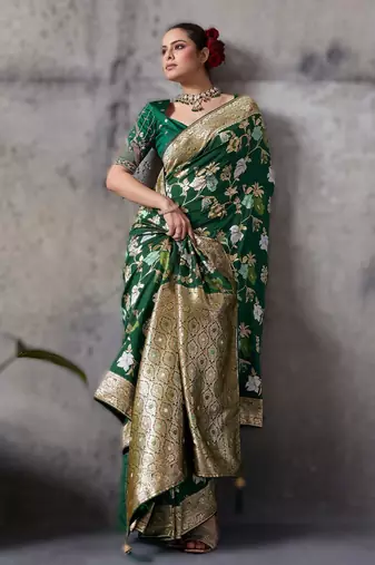Green high density banarasi silk blend saree with architectural blouse