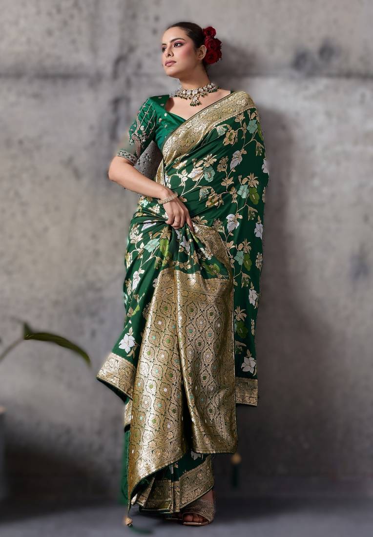 Green high density banarasi silk saree with architectural designer blouse
