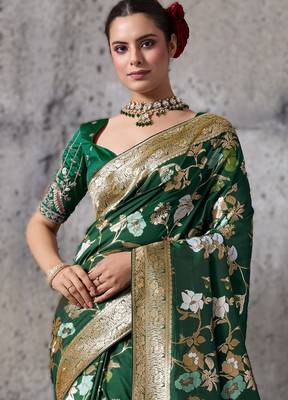 Green high density banarasi silk blend saree with architectural blouse 3
