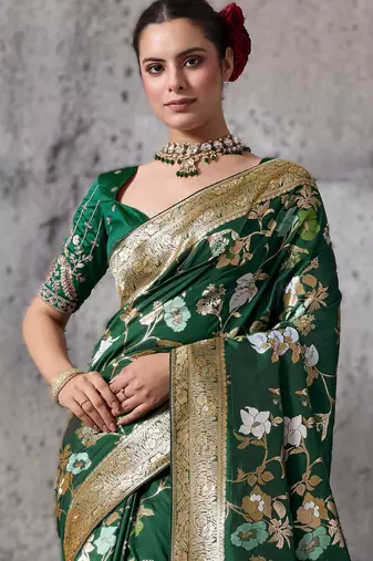Green high density banarasi silk blend saree with architectural blouse