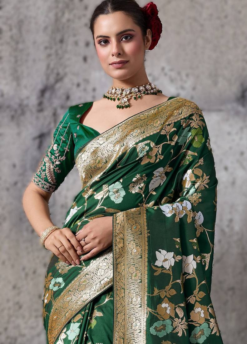 Green high density banarasi silk saree with architectural designer blouse