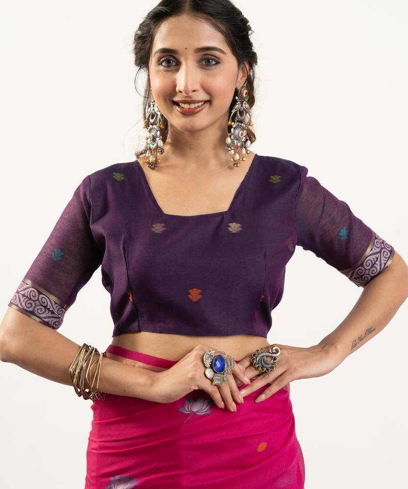 Pink premium muga cotton saree with rajwadi weaving, lotus buttis & contrast blouse