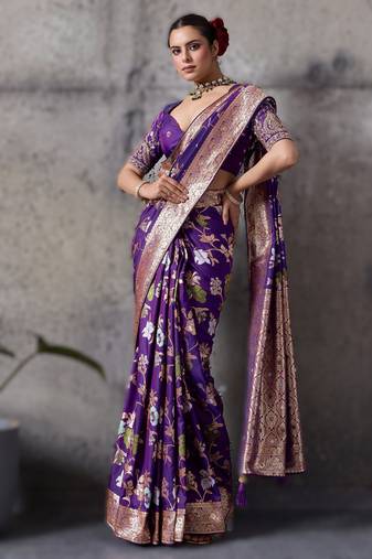 Purple high density banarasi silk saree with architectural designer blouse