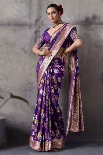 Purple high density banarasi silk saree with architectural designer blouse