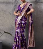 Purple high density banarasi silk saree with architectural designer blouse