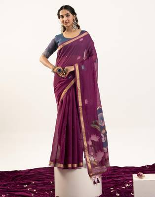 Wine premium muga cotton saree with rajwadi weaving lotus buttis & contrast blouse 1