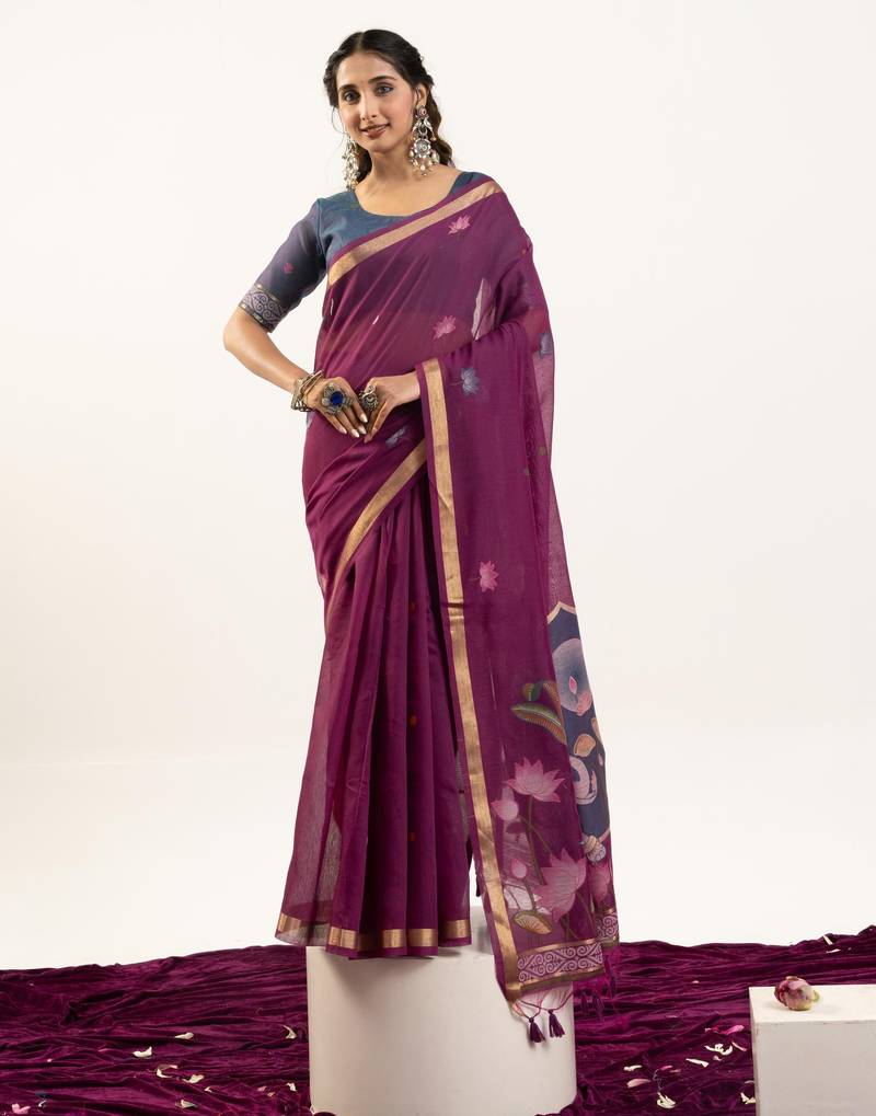 Wine premium muga cotton saree with rajwadi weaving, lotus buttis & contrast blouse