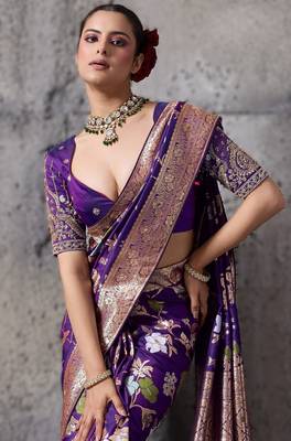 Purple high density banarasi silk blend saree with architectural blouse 2