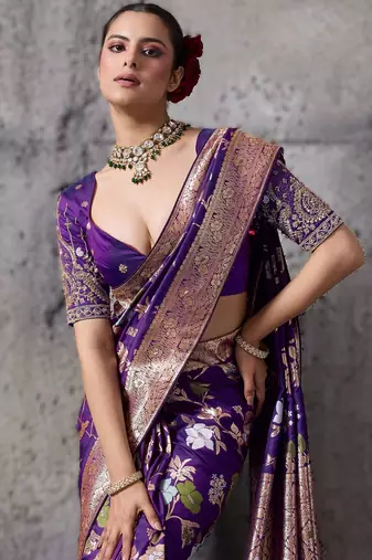 Purple high density banarasi silk blend saree with architectural blouse