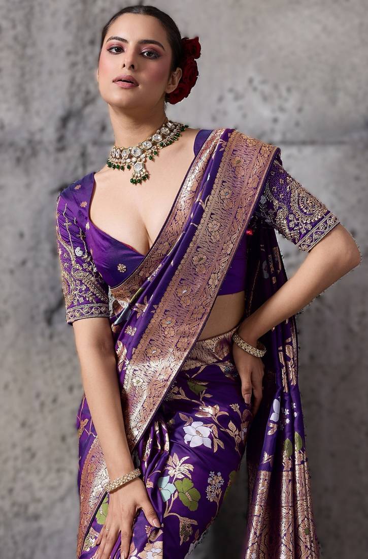 Purple high density banarasi silk saree with architectural designer blouse