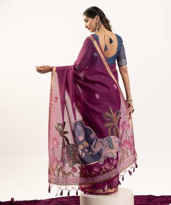 Wine premium muga cotton saree with rajwadi weaving lotus buttis & contrast blouse 2
