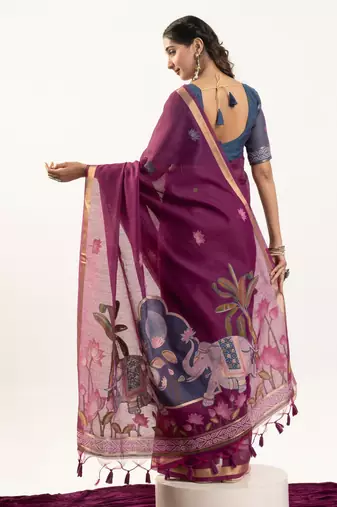 Wine premium muga cotton saree with rajwadi weaving lotus buttis & contrast blouse
