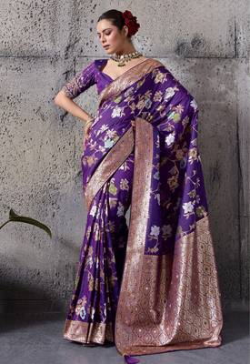 Purple high density banarasi silk blend saree with architectural blouse 3