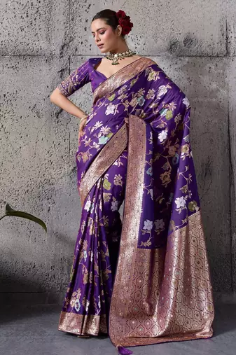 Purple high density banarasi silk blend saree with architectural blouse