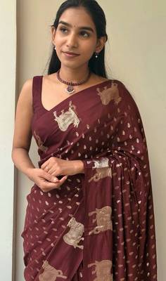 Brown color elegant saree with golden butti russian hiran border & chinon blouse 1
