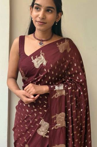 Brown color elegant saree with golden butti, russian hiran border & chinon blouse