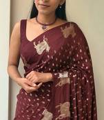 Brown color elegant saree with golden butti, russian hiran border & chinon blouse