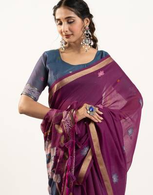 Wine premium muga cotton saree with rajwadi weaving lotus buttis & contrast blouse 3