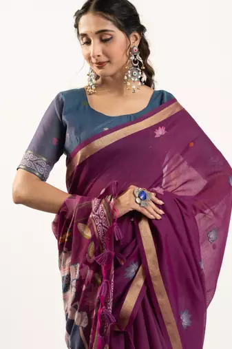 Wine premium muga cotton saree with rajwadi weaving lotus buttis & contrast blouse