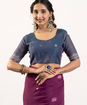 Wine premium muga cotton saree with rajwadi weaving lotus buttis & contrast blouse 4