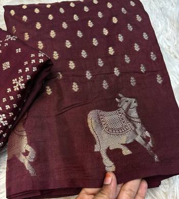 Brown color elegant saree with golden butti russian hiran border & chinon blouse 3