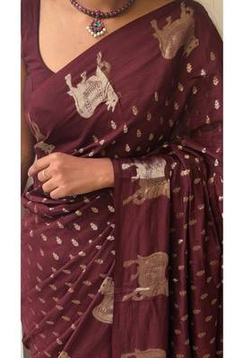 Brown color elegant saree with golden butti russian hiran border & chinon blouse 4