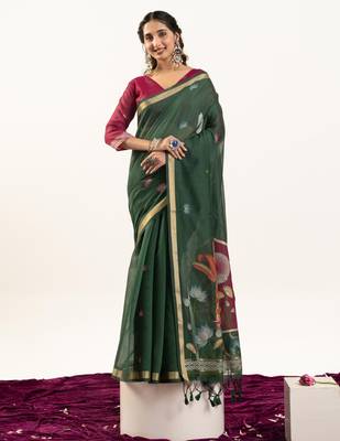 Green premium muga cotton saree with rajwadi weaving lotus buttis & contrast blouse 1
