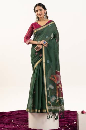 Green premium muga cotton saree with rajwadi weaving, lotus buttis & contrast blouse