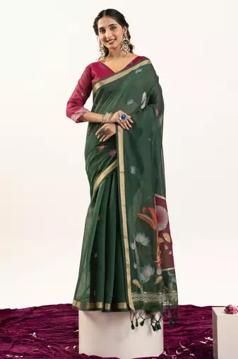 Green premium muga cotton saree with rajwadi weaving, lotus buttis & contrast blouse