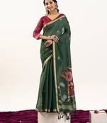 Green premium muga cotton saree with rajwadi weaving, lotus buttis & contrast blouse