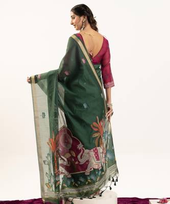 Green premium muga cotton saree with rajwadi weaving lotus buttis & contrast blouse 2
