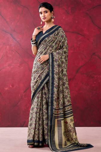Black elegant polyester viscose chanderi saree with zari weaving & printed design