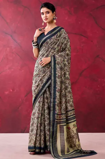Black elegant polyester viscose chanderi saree with zari weaving & printed design