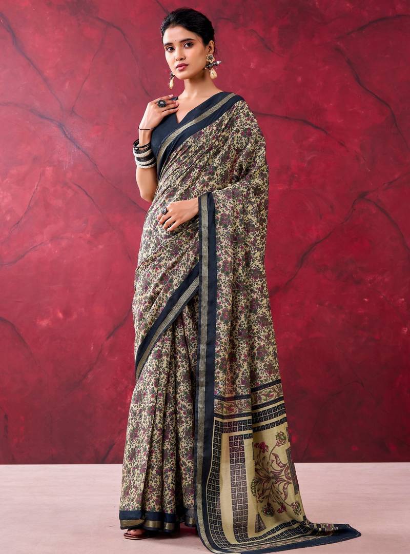 Black elegant polyester viscose chanderi saree with zari weaving & printed design