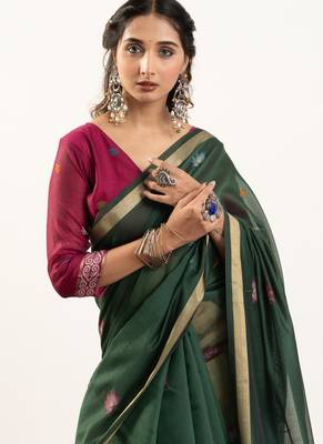 Green premium muga cotton saree with rajwadi weaving lotus buttis & contrast blouse 3