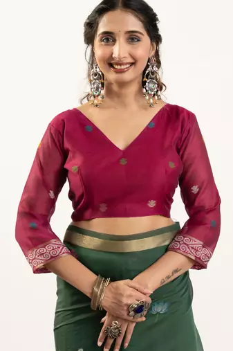 Green premium muga cotton saree with rajwadi weaving lotus buttis & contrast blouse