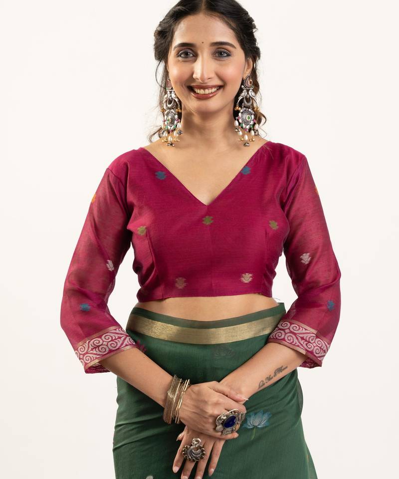 Green premium muga cotton saree with rajwadi weaving, lotus buttis & contrast blouse