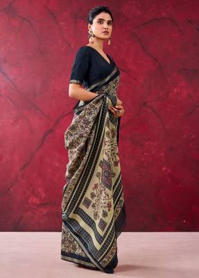Black elegant polyester viscose chanderi saree with zari weaving & printed design 2