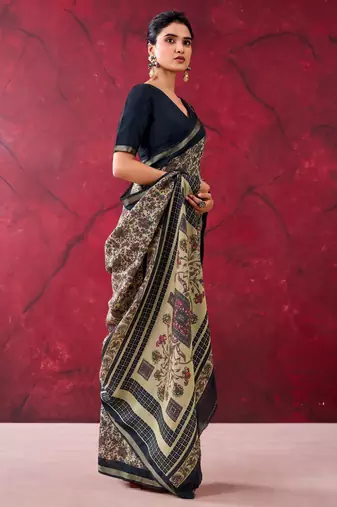 Black elegant polyester viscose chanderi saree with zari weaving & printed design