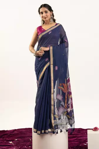 Navy blue premium muga cotton saree with rajwadi weaving, lotus buttis & contrast blouse